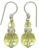 Yellow crystal earring with rhinestones. All handwork done in the USA.