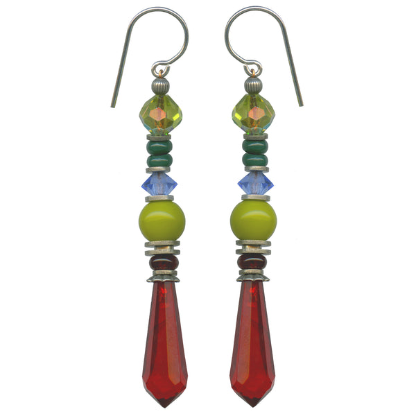 Antique Czech glass prisms in siam red. Accents are Austrian crystal and Czech glass. Sterling silver ear wires. All handwork done in the USA.