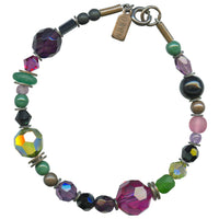 Czech glass and Austrian crystal bracelet. Shades of jet, fuschia, amethyst and citrus green. Metal accents are antiqued bronze, from our own tooling. All handwork done in the USA.