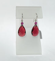 Dark rose glass earrings with fuchsia Austrian crystal top bead. Sterling silver ear wires. Handmade in the USA.