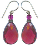 Dark rose glass earrings with fuchsia Austrian crystal accents. Handmade in the USA.