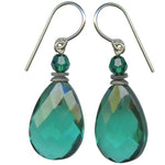 Teal glass drop earrings with emerald Austrian crystal top beads. Sterling silver ear wires. Handmade in the USA.