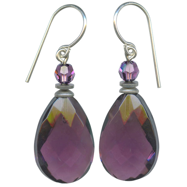 Amethyst glass with Austrian crystal amethyst top beads. Sterling silver ear wires. All handwork done in the USA.