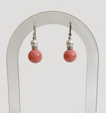 Antique Czech coral glass drop earrings with rhinestones and glass pearl accents. Handmade in the USA.