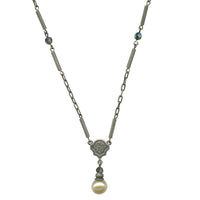 Glass pearl necklace with iridescent Austrian crystal accents and silver oxidized chain. Handmade in the USA.