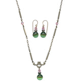 A set of tourmaline green glass drop earrings with light rose top beads, connected by a sterling silver necklace with antiqued silver trim and filigree.