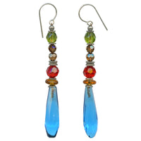 Bright turquoise glass prism earrings with Czech glass and Austrian crystal top beads. All handwork done in the USA.