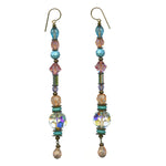 Long shoulder duster earrings, with Austrian crystal and Czech glass in pastel shades of turquoise, iridescent crystal and pink. Handmade in the USA.