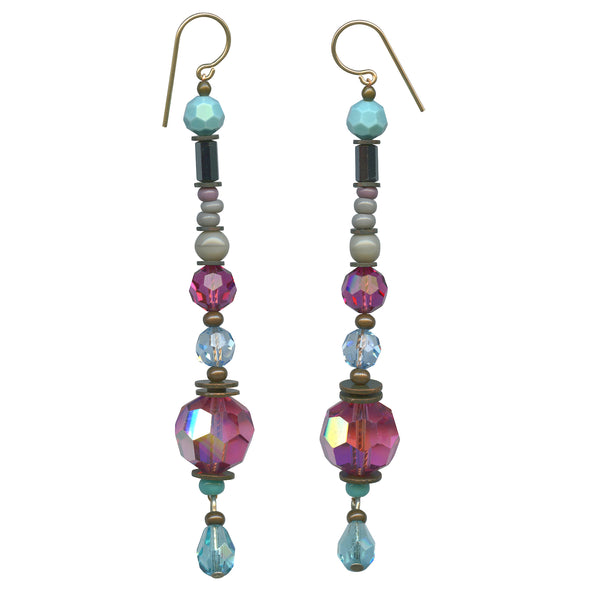 Pink and turquoise shoulder duster earrings. Austrian crystal and Czech glass with gold ear wires. Handwork done in the USA.