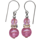 Pink glass and crystal earrings with rhinestone accents on a white background. 