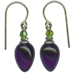 Amethyst glass drops with bright green crystal top beads. Sterling silver ear wires. All handwork done in the USA.