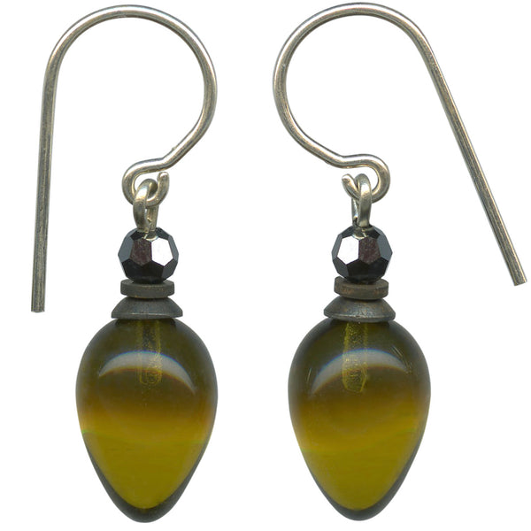 Olive green glass drop earrings with hematite Austrian crystal top beads. Metal trim is antiqued bronze with sterling silver ear wires. All handwork done in the USA.
