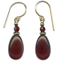 garnet glass and crystal earrings, gold accents