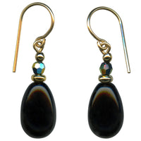 Jet glass drop earrings with iridescent jet Austrian crystal top beads. Trim is gold filled. All handwork done in the USA.