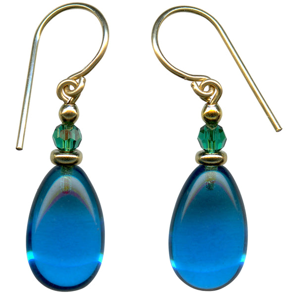 Bright turquoise glass drop earrings with emerald Austrian crystal top beads. Accents and ear wires are gold filled. All handwork done in the USA.
