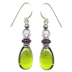 Bright green glass earrings with light and dark amethyst accents. 