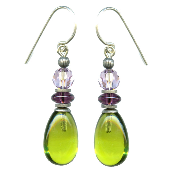 Bright green glass earrings with light and dark amethyst accents. 
