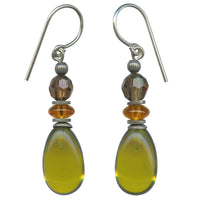 Glass and crystal earrings. Green glass drops with smoke topaz Austrian crystal and Czech glass in topaz