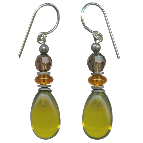 Glass and crystal earrings. Green glass drops with smoke topaz Austrian crystal and Czech glass in topaz