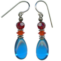 Bright turquoise glass drop earrings with red and orange Austrian crystal accents. Ear wires are sterling silver. All handwork done in the USA.