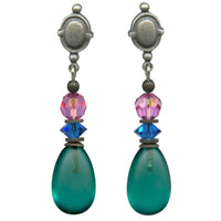 Frosted teal glass earrings. Austrian crystal top beads are pink and blue. Posts are antique silver overlay. 