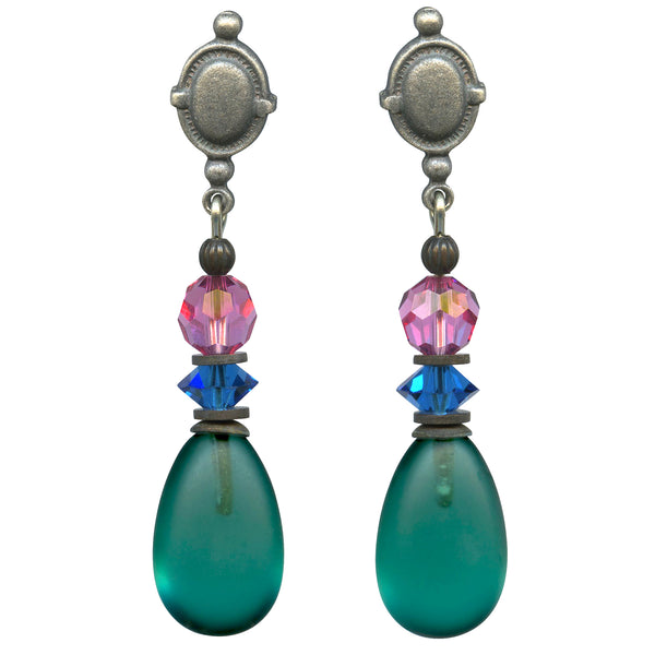 Frosted teal glass earrings. Austrian crystal top beads are pink and blue. Posts are antique silver overlay. 