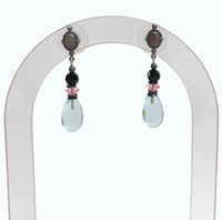 Aquamarine glass post earrings with pink and jet Austrian crystal accents. Handmade in the USA.