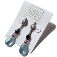 Aquamarine glass post earrings with pink and jet Austrian crystal accents. Handmade in the USA.