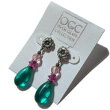Teal glass post earrings with pink and fuchsia Austrian crystal accents.