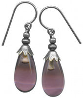 Amethyst glass drop earrings with silver trim. Handmade in the USA.