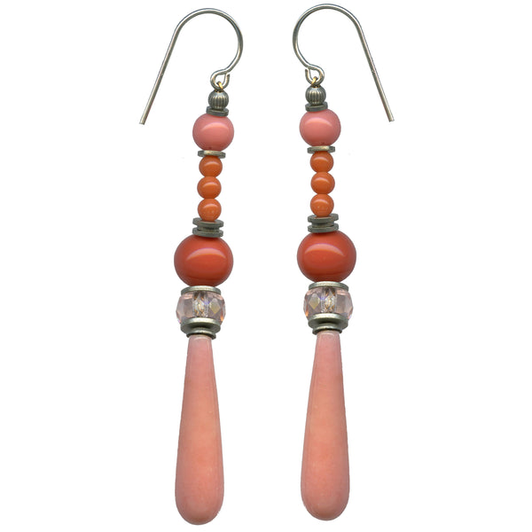 Antique coral Czech glass drop earrings. Handmade in the USA.