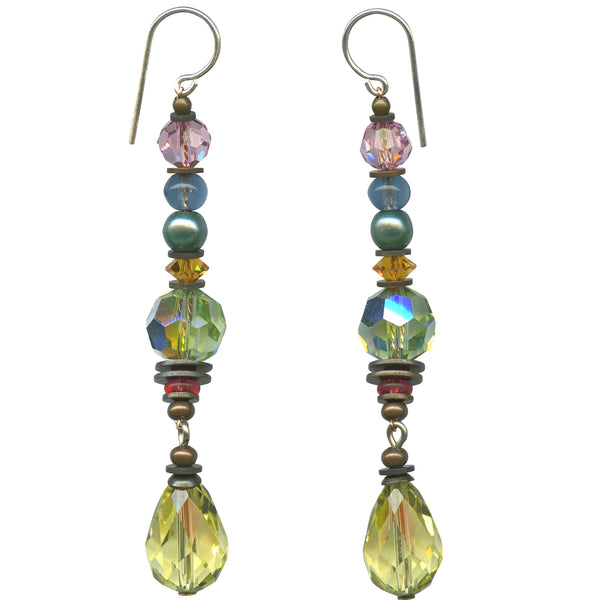 Light yellow Austrian crystal drop earrings with peridot, indigo and silver pearl accents. Sterling silver ear wires. Handmade in the USA.