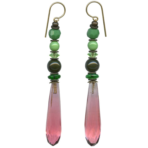 pink chandelier earrings, peridot crystal and glass
