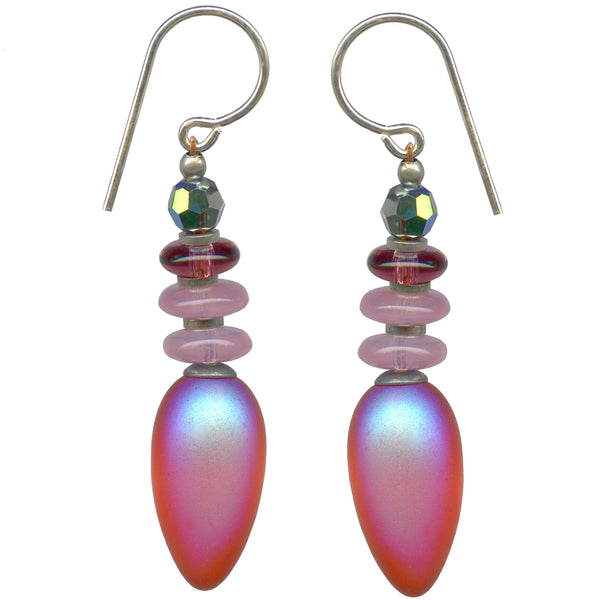 Bright pink iridescent glass earrings. Handmade in the USA.
