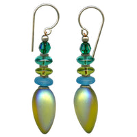 Frosted bright olive drop earrings, with iridescent sheen. Czech glass accents in shades of blue and green with emerald Austrian crystal top beads. Antiqued silver overlay metal trim with sterling silver ear wires. All handwork done in the USA.