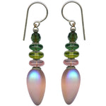 Iridescent pink glass drop earrings, handmade in the USA.
