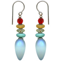 Frosted iridescent aquamarine earrings. Accent beads are Czech glass is topaz, jonquil yellow and turquoise. Top beads are bright red Austrian crystal. Metal trim is antiqued silver overlay with sterling silver ear wires. All handwork done in the USA.