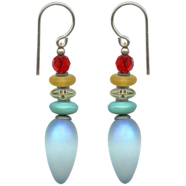 Frosted iridescent aquamarine earrings. Accent beads are Czech glass is topaz, jonquil yellow and turquoise. Top beads are bright red Austrian crystal. Metal trim is antiqued silver overlay with sterling silver ear wires. All handwork done in the USA.