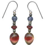 A pair of red and blue glass bead earrings with metal trim and sterling silver ear wires.