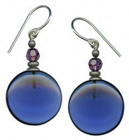 Indigo blue glass earrings with amethyst Austrian crystal top beads.