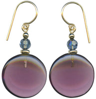 Amethyst glass disc earrings with indigo crystal top beads. Gold trim, made in the USA.